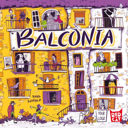 Balconia 2 player tactical board game box front with illustrated apartment balconies