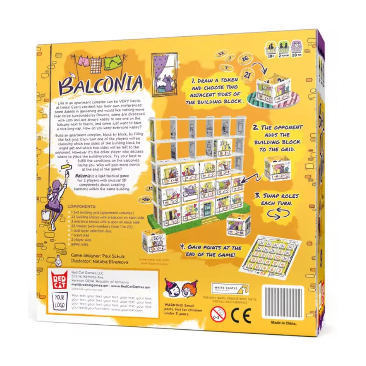 Back of Balconia board game box showing gameplay overview and components