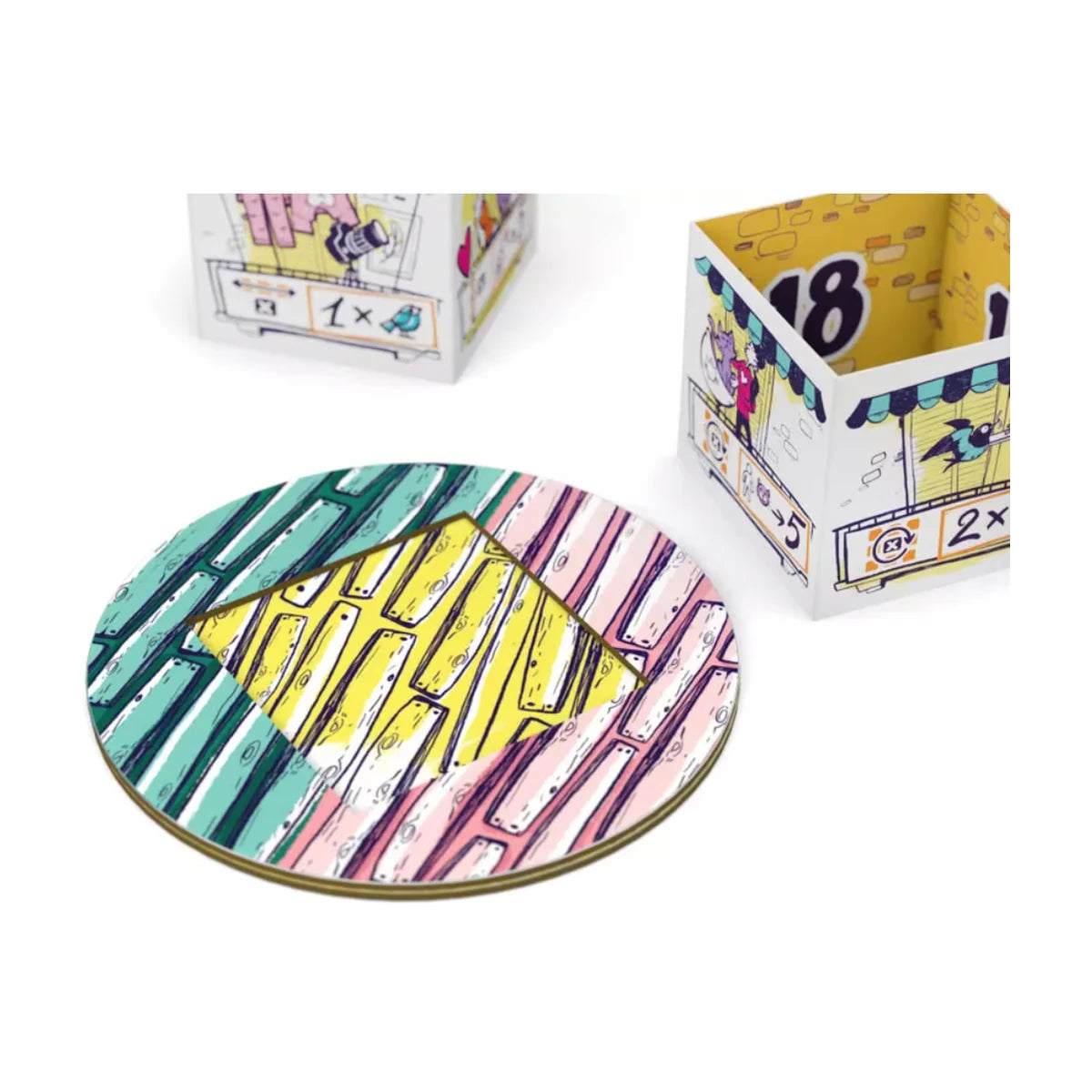 Close-up of Balconia board game components including selection disc and building block