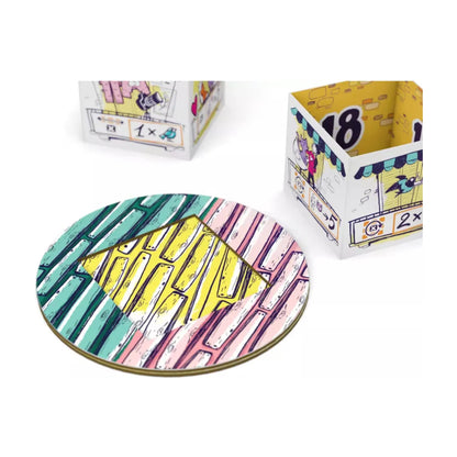 Close-up of Balconia board game components including selection disc and building block