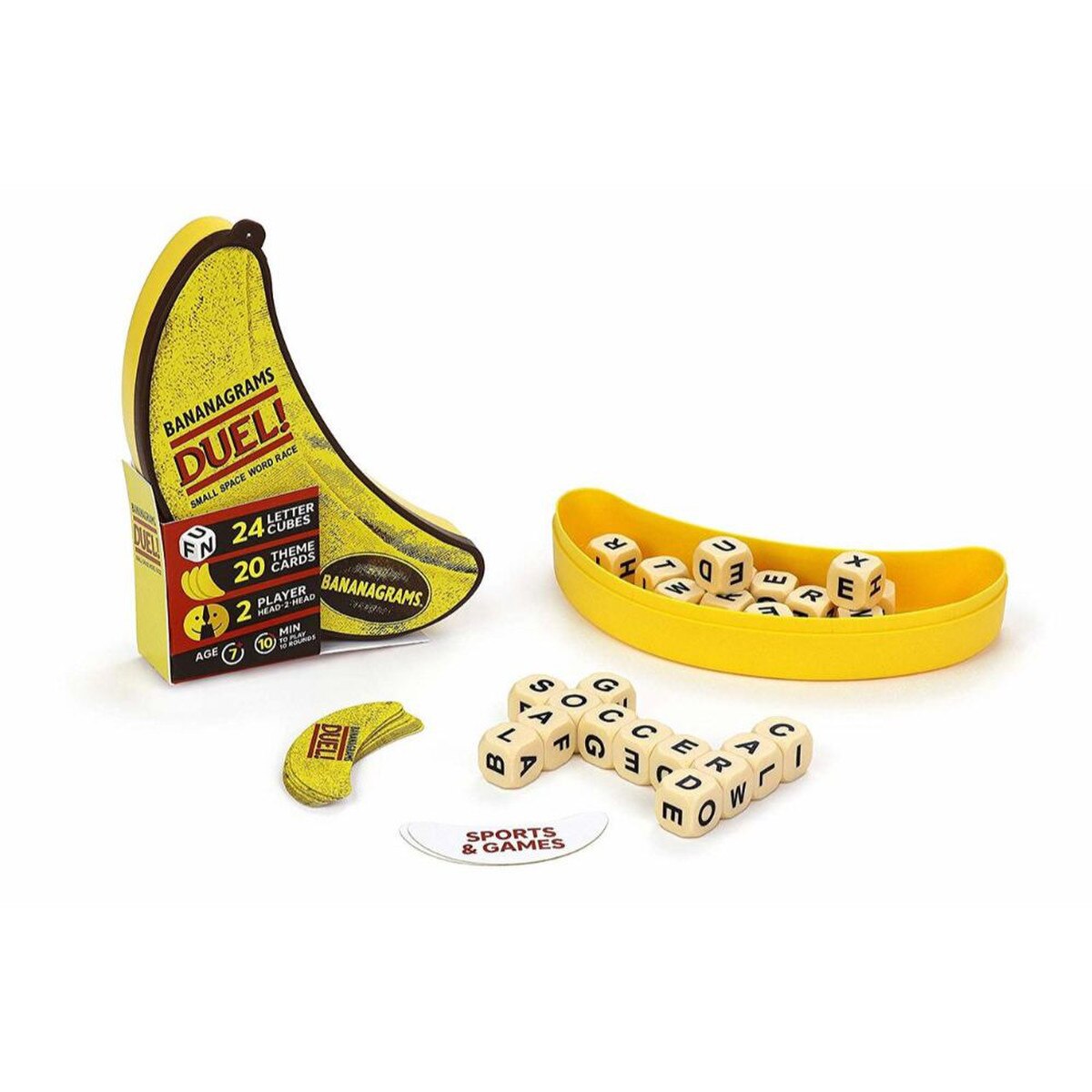 Bananagrams Duel word game case with letter cubes and theme cards