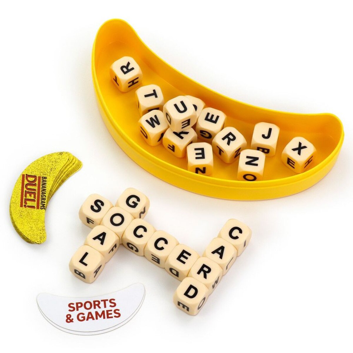 Bananagrams Duel word game letter cubes and theme card close-up