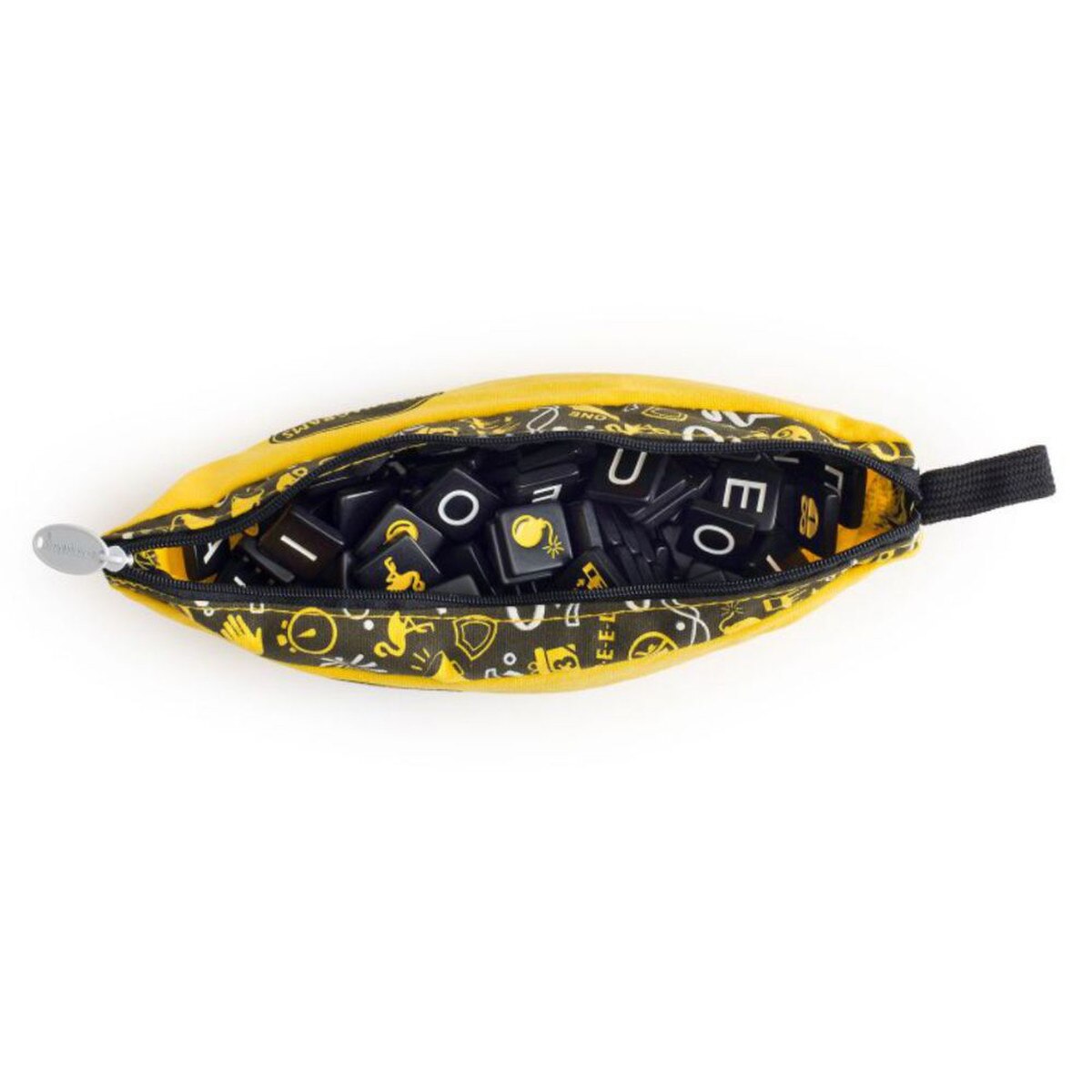 Bananagrams Party Edition open banana pouch filled with tiles