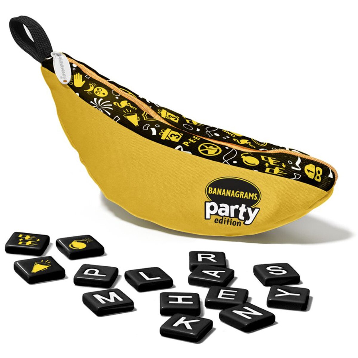 Bananagrams Party Edition pouch with letter tiles and party tiles