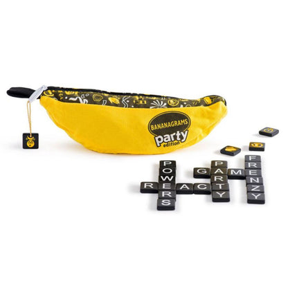 Bananagrams Party Edition word tiles arranged into words beside banana pouch