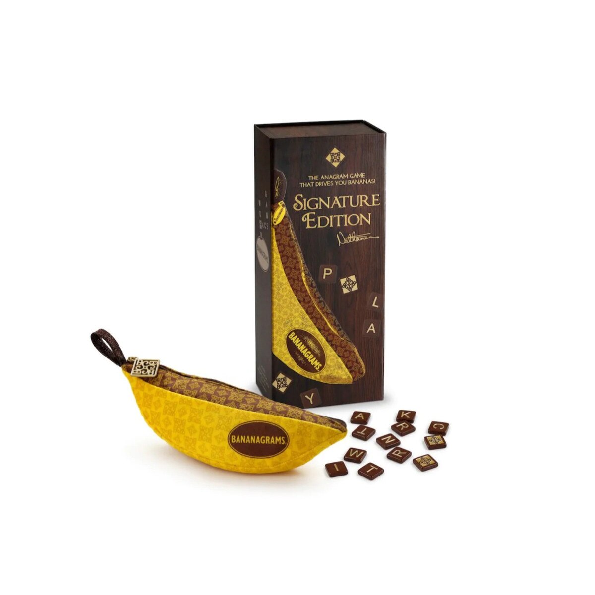 Bananagrams Signature Edition box and banana pouch main product image