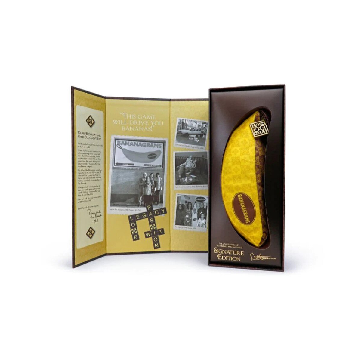 Bananagrams Signature Edition open presentation box with premium banana pouch