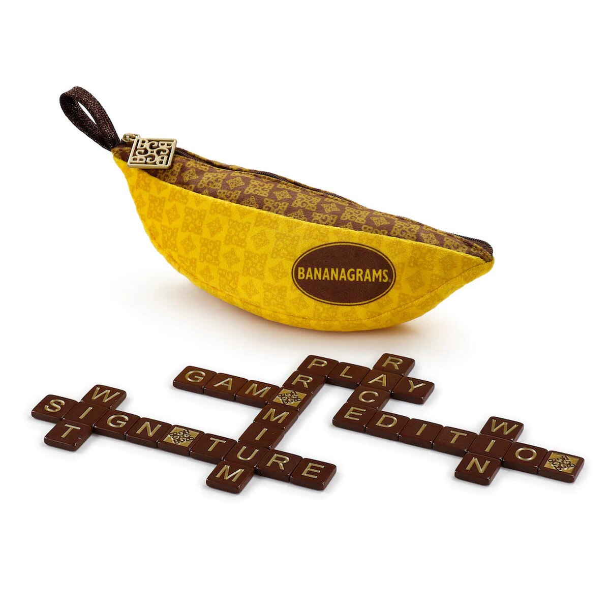 Bananagrams Signature Edition pouch with premium word tiles arranged into words
