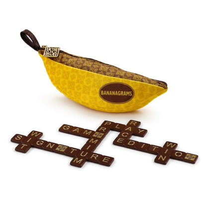 Bananagrams Signature Edition pouch with premium word tiles arranged into words