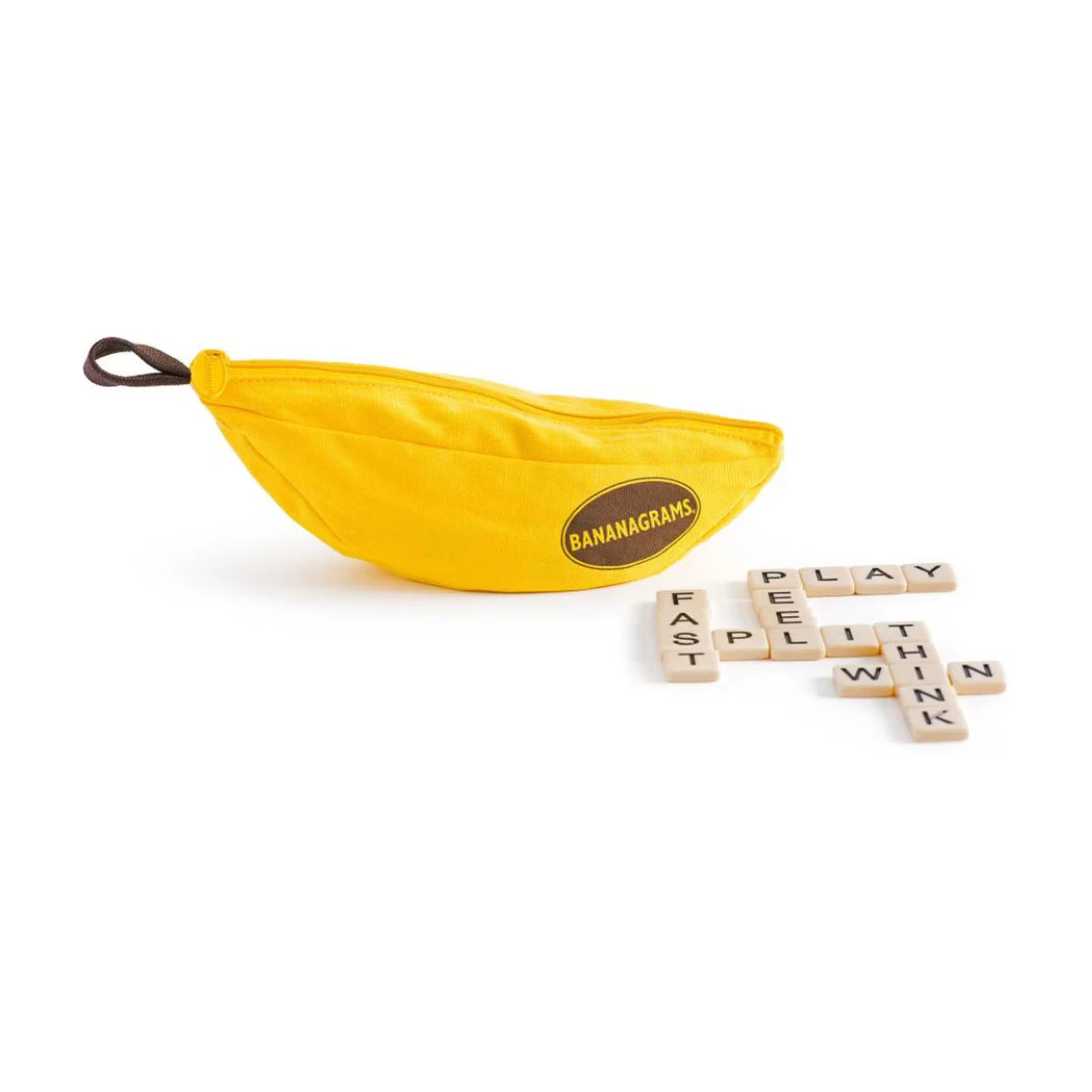Bananagrams word game banana pouch with letter tiles arranged into words