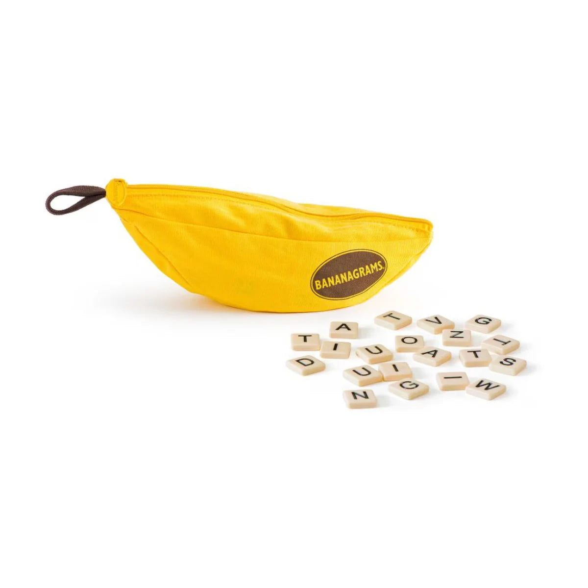 Bananagrams word game pouch with loose letter tiles