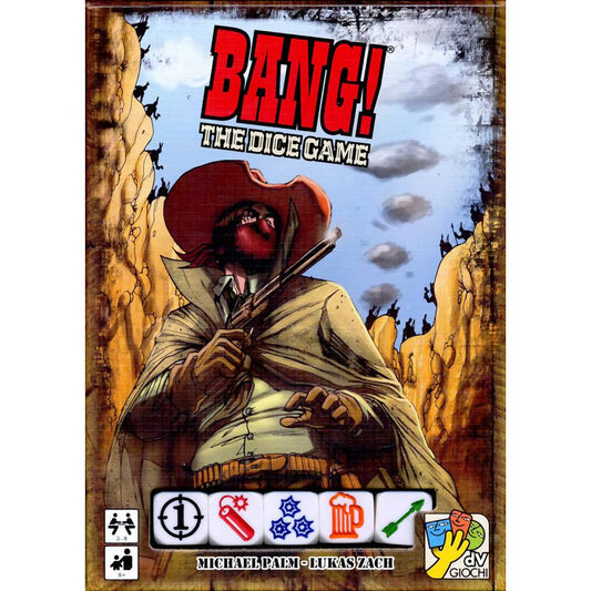 BANG! The Dice Game cover showing Wild West artwork, dice symbols and dV Giochi logo for a fast hidden-role dice game.
