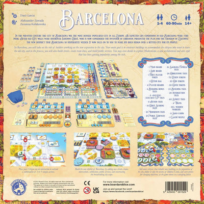 Barcelona board game back of box showing gameplay overview components and 1 to 4 player strategy details