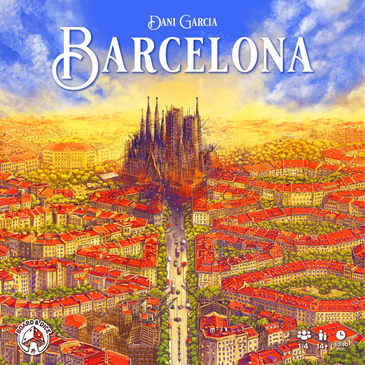 Barcelona board game cover art with Sagrada Familia and colourful 19th century city expansion artwork