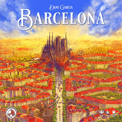 Barcelona board game cover art with Sagrada Familia and colourful 19th century city expansion artwork