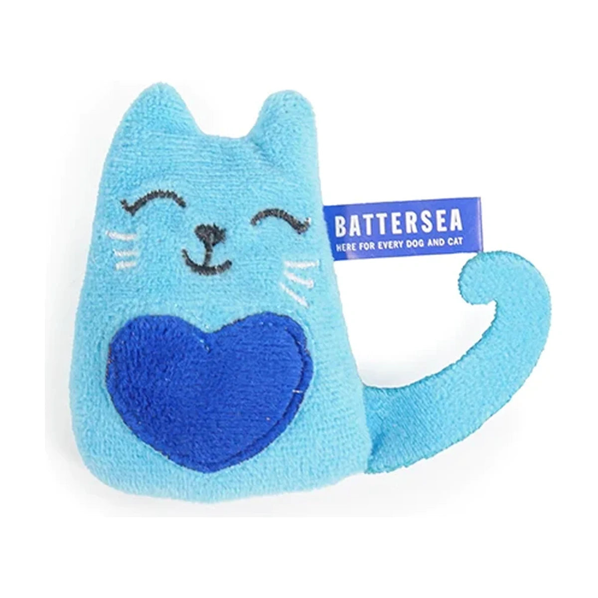 Blue Battersea Catnip Cat toy with embroidered face, heart and curled tail
