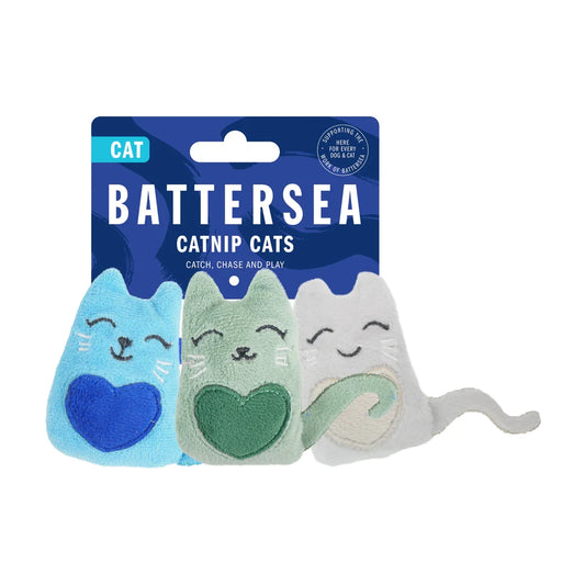 Battersea Catnip Cats pack containing three blue, green and grey cat toys