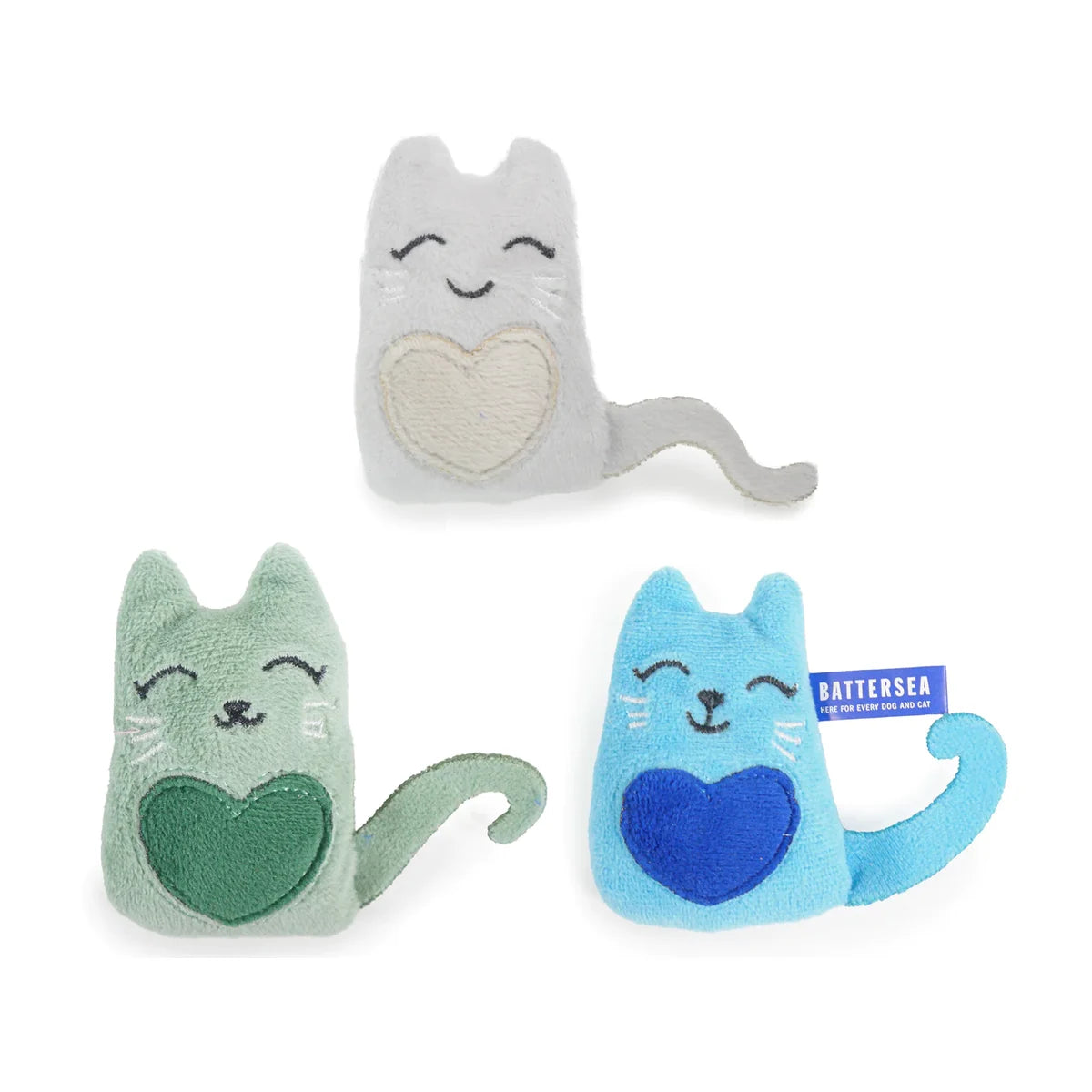Three Battersea Catnip Cat toys in blue, green and grey