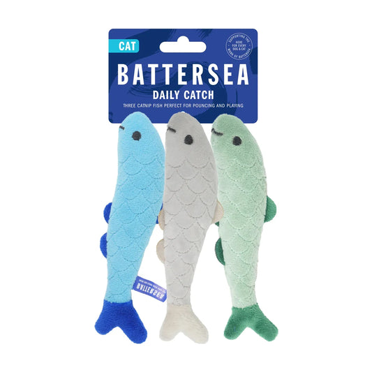 Battersea Daily Catch pack containing three blue, grey and green catnip fish toys