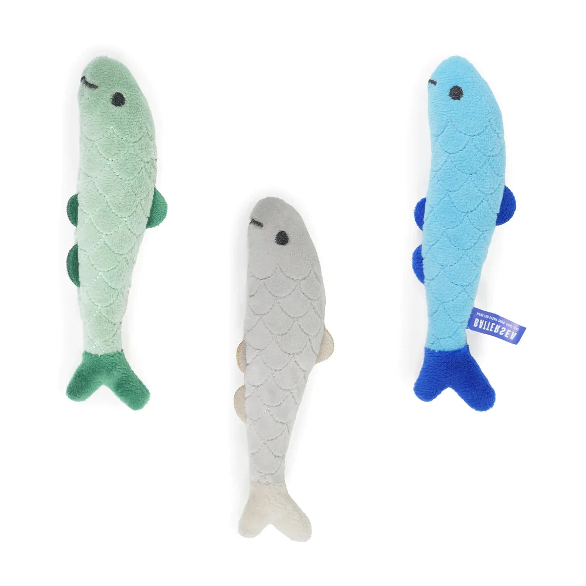 Three Battersea Daily Catch catnip fish toys in green, grey and blue