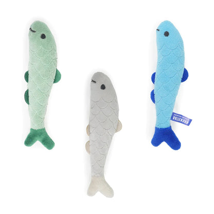 Three Battersea Daily Catch catnip fish toys in green, grey and blue
