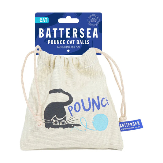 Battersea Pounce Cat Balls four-piece set in a reusable canvas storage bag