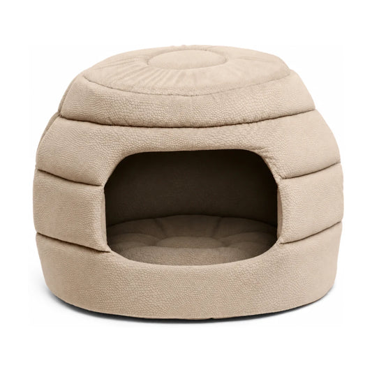 Best Friends by Sheri 2-in-1 Honeycomb Ilan Hut Cuddler in Wheat, showing the empty enclosed pet bed with a soft textured exterior, cushioned interior and front entrance for cats and small dogs.