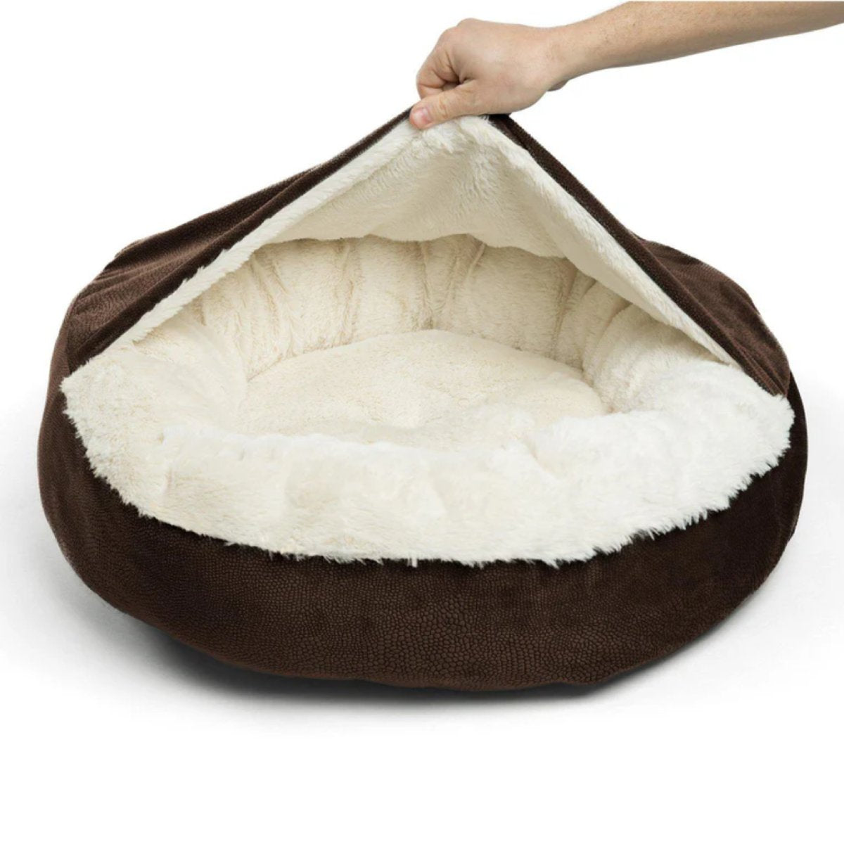 Best Friends by Sheri Cozy Cuddler Ilan bed in Dark Chocolate with its blanket lifted to reveal the cream faux fur interior and cushioned sleeping area.