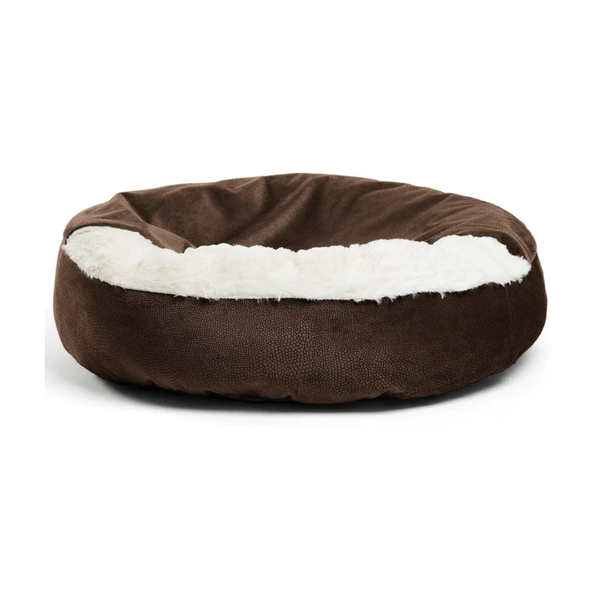 Front view of the Dark Chocolate Cozy Cuddler Ilan cat and dog bed with rounded cushioned walls, textured brown fabric and soft cream faux fur lining.