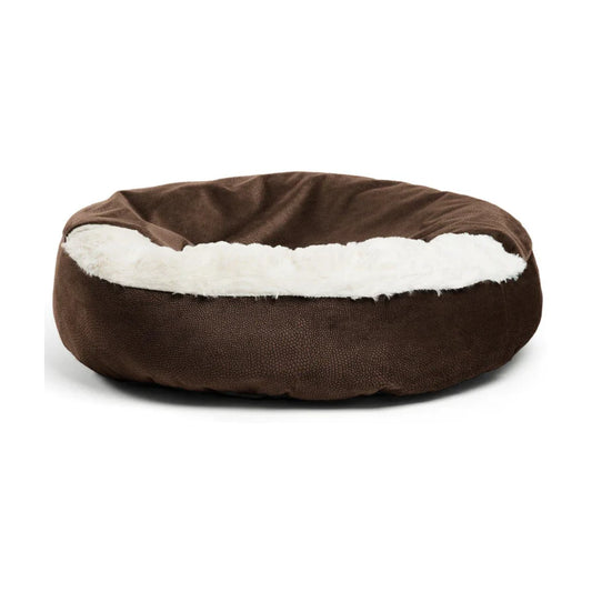 Front view of the Dark Chocolate Cozy Cuddler Ilan cat and dog bed with rounded cushioned walls, textured brown fabric and soft cream faux fur lining.