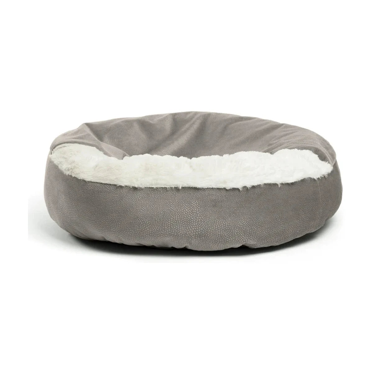Best Friends by Sheri Cozy Cuddler Ilan dog and cat bed in Grey, featuring a round cushioned design, textured fabric exterior, soft white faux fur lining and built-in blanket.