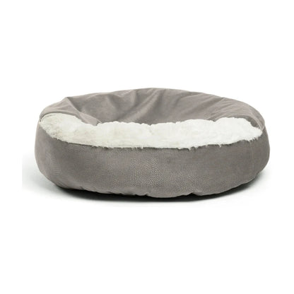Best Friends by Sheri Cozy Cuddler Ilan dog and cat bed in Grey, featuring a round cushioned design, textured fabric exterior, soft white faux fur lining and built-in blanket.