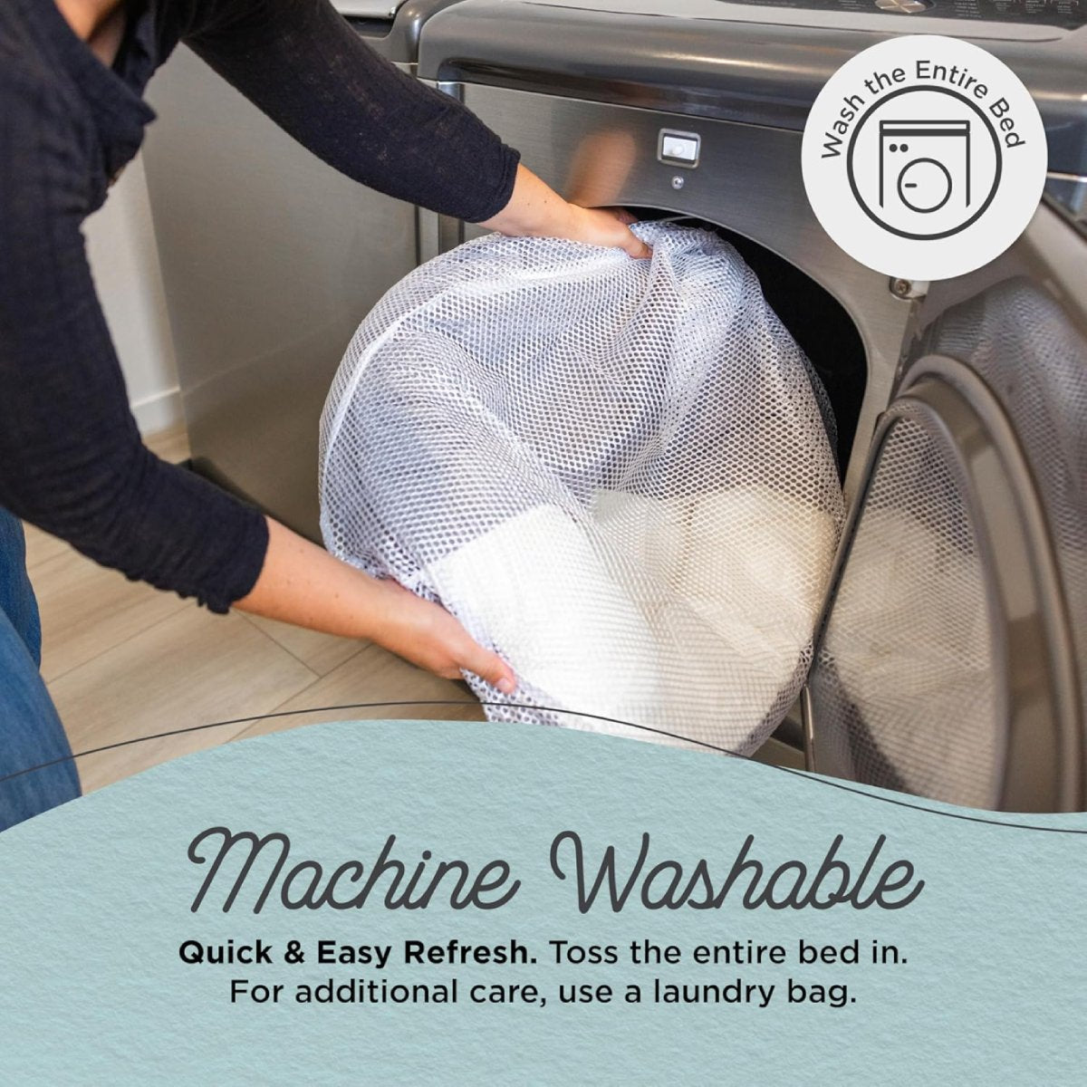 Best Friends by Sheri Cozy Cuddler Ilan care guide showing the entire pet bed being placed inside a mesh laundry bag for machine washing.