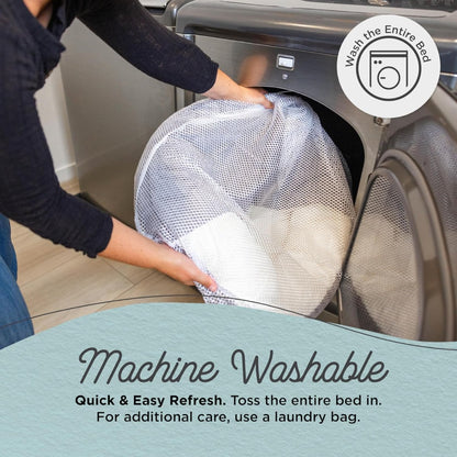 Best Friends by Sheri Cozy Cuddler Ilan care guide showing the entire pet bed being placed inside a mesh laundry bag for machine washing.
