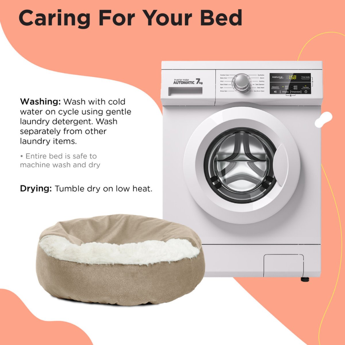 Care guide graphic for the Best Friends by Sheri Cozy Cuddler Ilan dog and cat bed in wheat, showing washing instructions, tumble dry on low heat guidance, and a washing machine beside the bed.