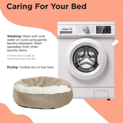 Care guide graphic for the Best Friends by Sheri Cozy Cuddler Ilan dog and cat bed in wheat, showing washing instructions, tumble dry on low heat guidance, and a washing machine beside the bed.