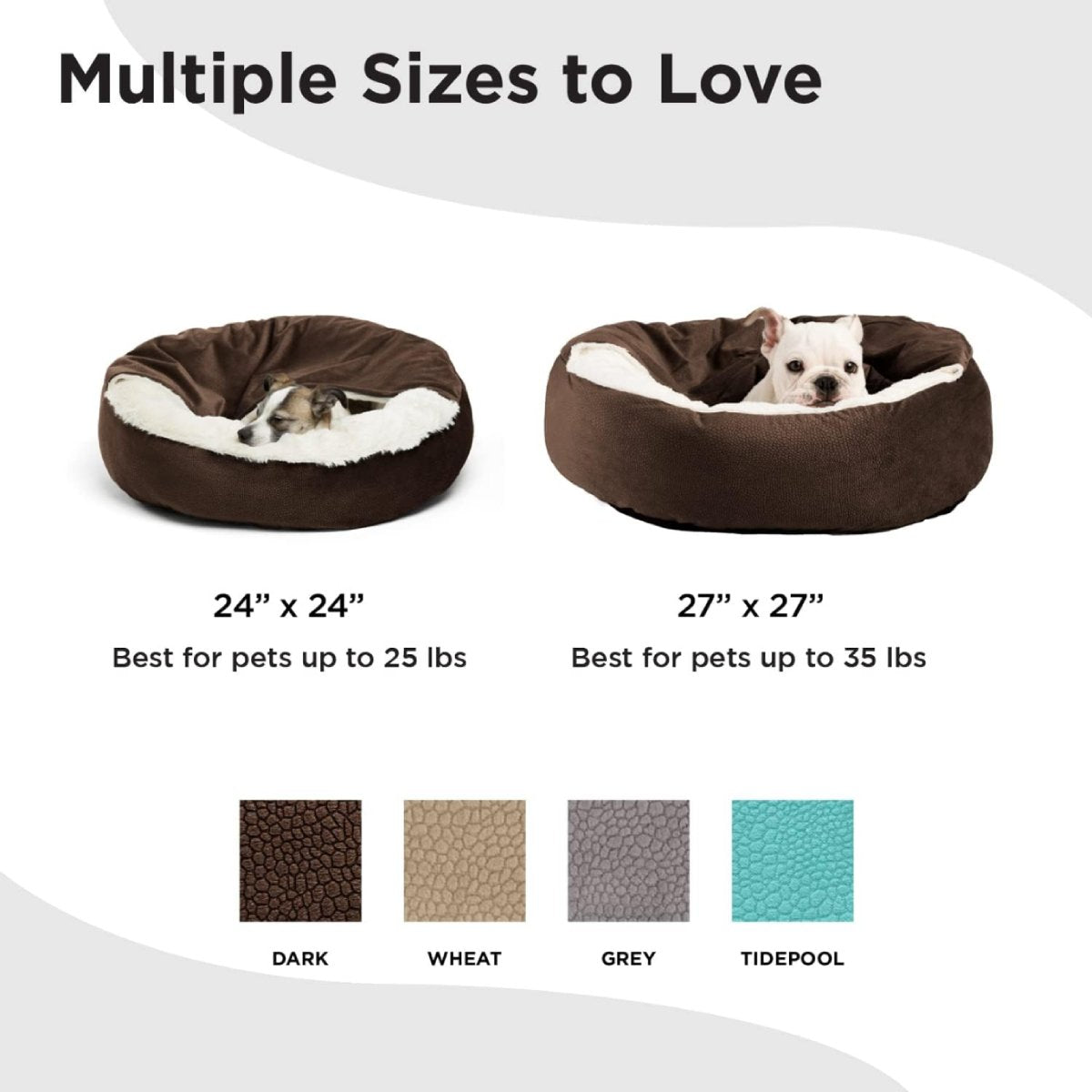 Best Friends by Sheri Cozy Cuddler Ilan dog and cat bed size comparison showing Small 61 × 61 cm for pets up to 11.3 kg and Medium 68.6 × 68.6 cm for pets up to 15.9 kg, with Dark Chocolate, Wheat, Grey and Tide Pool fabric swatches.