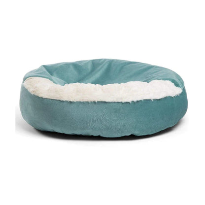 Best Friends by Sheri Cozy Cuddler Ilan cat and dog bed in Tide Pool, showing the round cushioned design, textured blue-green fabric and soft cream faux fur interior.
