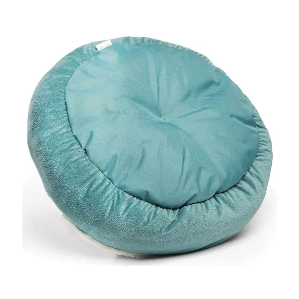Underside of the Best Friends by Sheri Cozy Cuddler Ilan bed in Tide Pool, showing its round base and blue-green fabric construction.