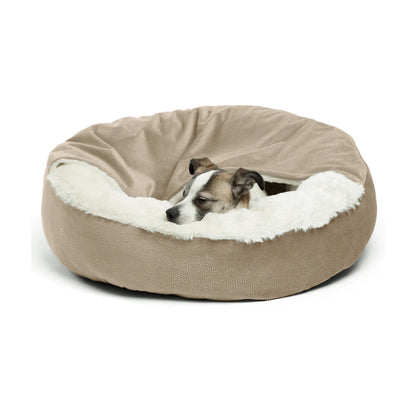 Small dog resting comfortably inside the Wheat Cozy Cuddler Ilan cat and dog bed, nestled against the cream faux fur cushioning beneath the attached blanket.