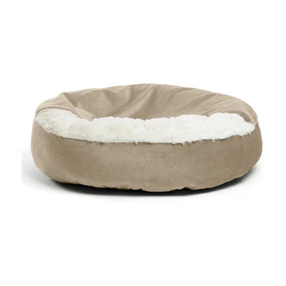 Best Friends by Sheri Cozy Cuddler Ilan pet bed in Wheat, featuring a round cushioned design, beige textured exterior and soft cream faux fur lining.