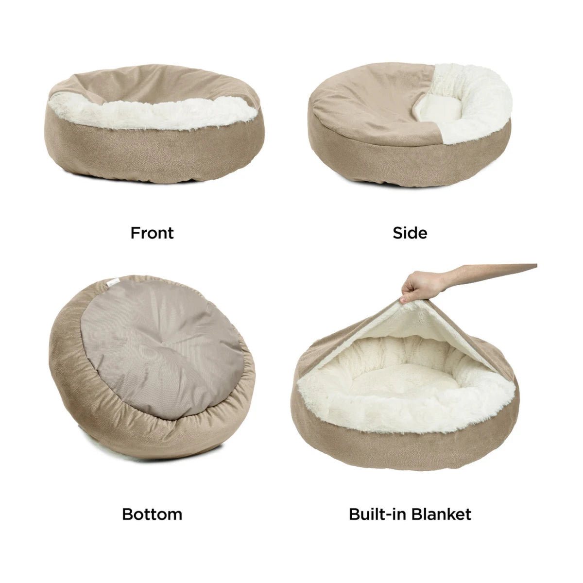 Four product views of the Wheat Cozy Cuddler Ilan pet bed showing the front, side, underside and attached blanket lifted to reveal the sleeping area.