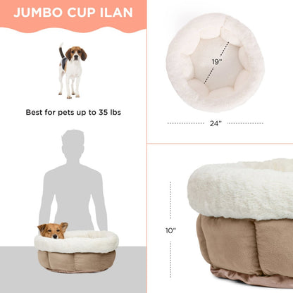 Best Friends by Sheri Cuddle Cup Ilan Jumbo dog and cat bed size guide showing 61 cm outer diameter, 48.3 cm interior diameter, 25.4 cm height and suitability for pets up to 15.9 kg.