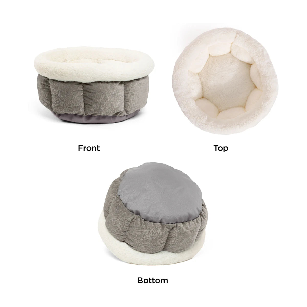 Front, top and bottom views of the Best Friends by Sheri Cuddle Cup Ilan Mini bed in Grey, highlighting its deep cushioned interior, plush white rim and underside.
