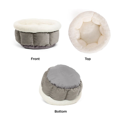Front, top and bottom views of the Best Friends by Sheri Cuddle Cup Ilan Mini bed in Grey, highlighting its deep cushioned interior, plush white rim and underside.