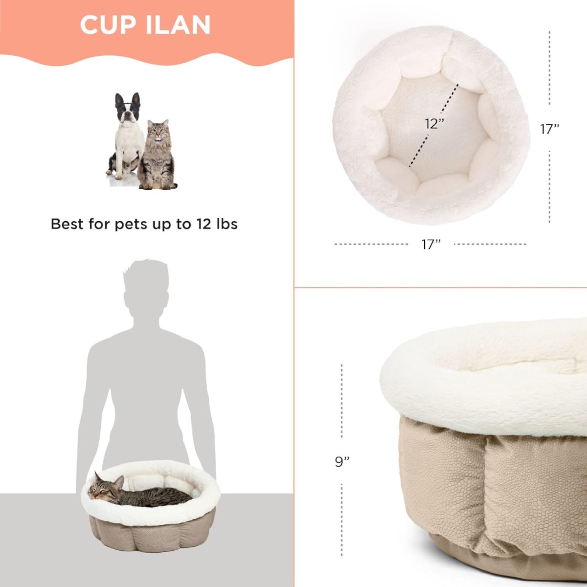 Best Friends by Sheri Cuddle Cup Ilan Mini dog and cat bed in Wheat, with a resting cat and illustrated size guide showing 43.2 cm diameter, 22.9 cm height and suitability for pets up to 5.4 kg.