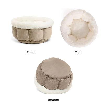 Three-view product image of the Best Friends by Sheri Cuddle Cup Ilan Mini pet bed in Wheat, showing the front, plush interior from above and fabric-covered underside.