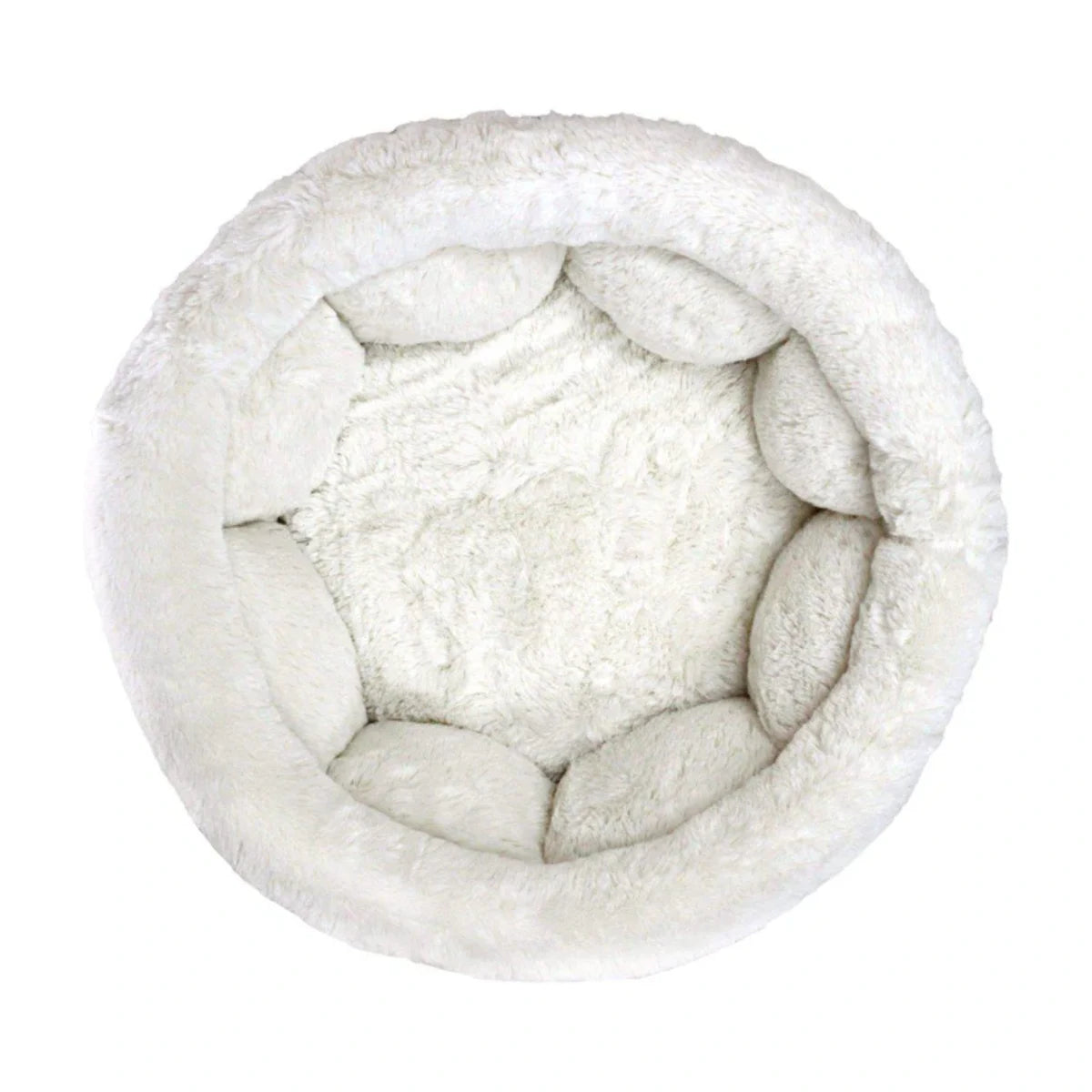 Top view of Best Friends by Sheri Cuddle Cup Ilan Mini dog and cat bed in Wheat, showing its plush white faux fur interior and padded circular walls.