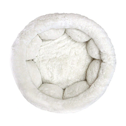 Top view of Best Friends by Sheri Cuddle Cup Ilan Mini dog and cat bed in Wheat, showing its plush white faux fur interior and padded circular walls.