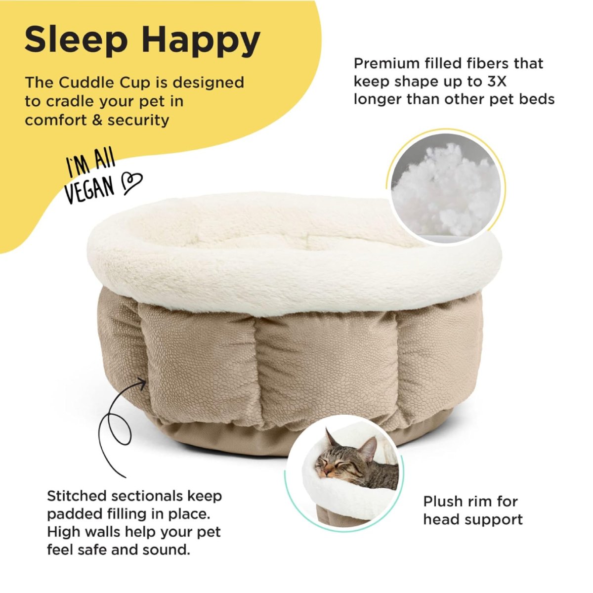 Best Friends by Sheri Cuddle Cup Ilan dog and cat bed in Wheat, highlighting its plush faux fur rim, high cushioned walls, stitched padding and soft fibre filling for cosy resting comfort.